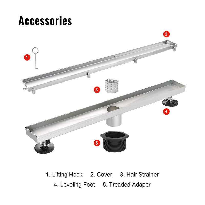 SaniteModar Linear Shower Drain, Linear Drain 24 inch Invisible 2 in 1 Tile Insert and Flat Cover, Brushed 304 Stainless Steel Shower Drain with Hair Strainer Adjustable Leveling Feet - Image 4